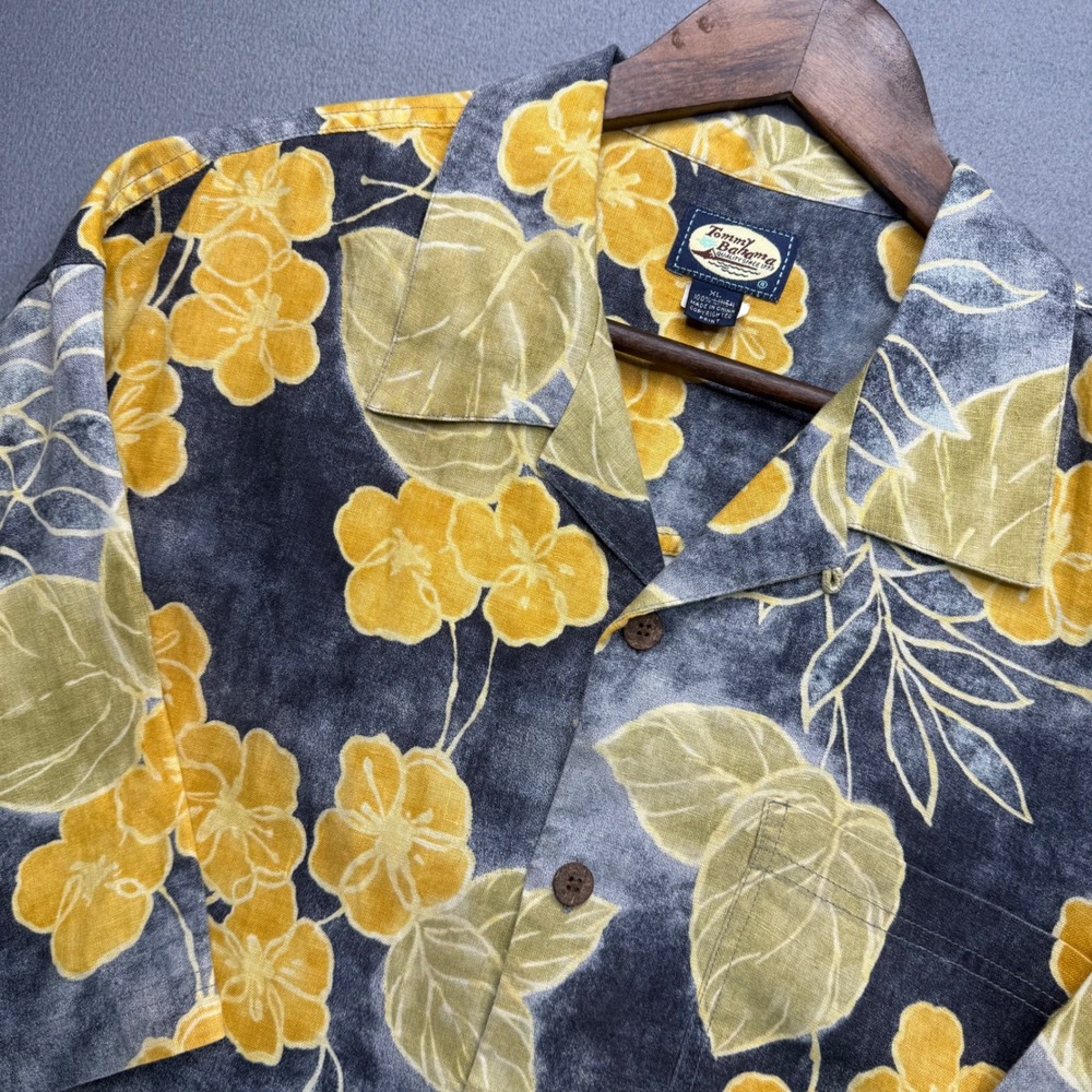 Tommy Bahama Shirt Mens XL Gray Yellow Floral Linen Aloha T30413 Short Sleeve